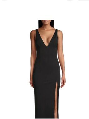 Katie May Caliente Black Satin V-Neck Midi Dress W/ Side Slit